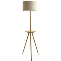 Desmond Tripod Floor Lamp with Side Table - Wood, Cream