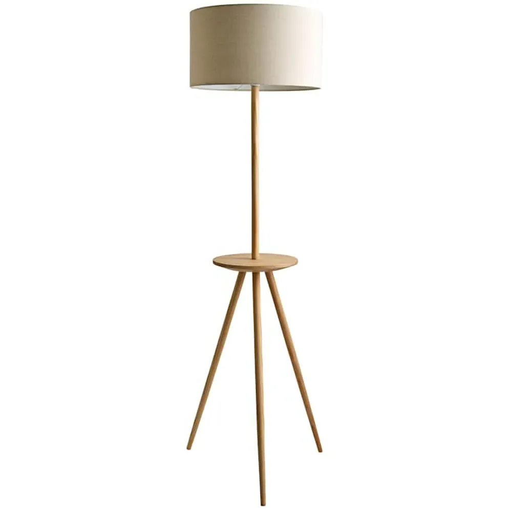 Desmond Tripod Floor Lamp with Side Table - Wood, Cream