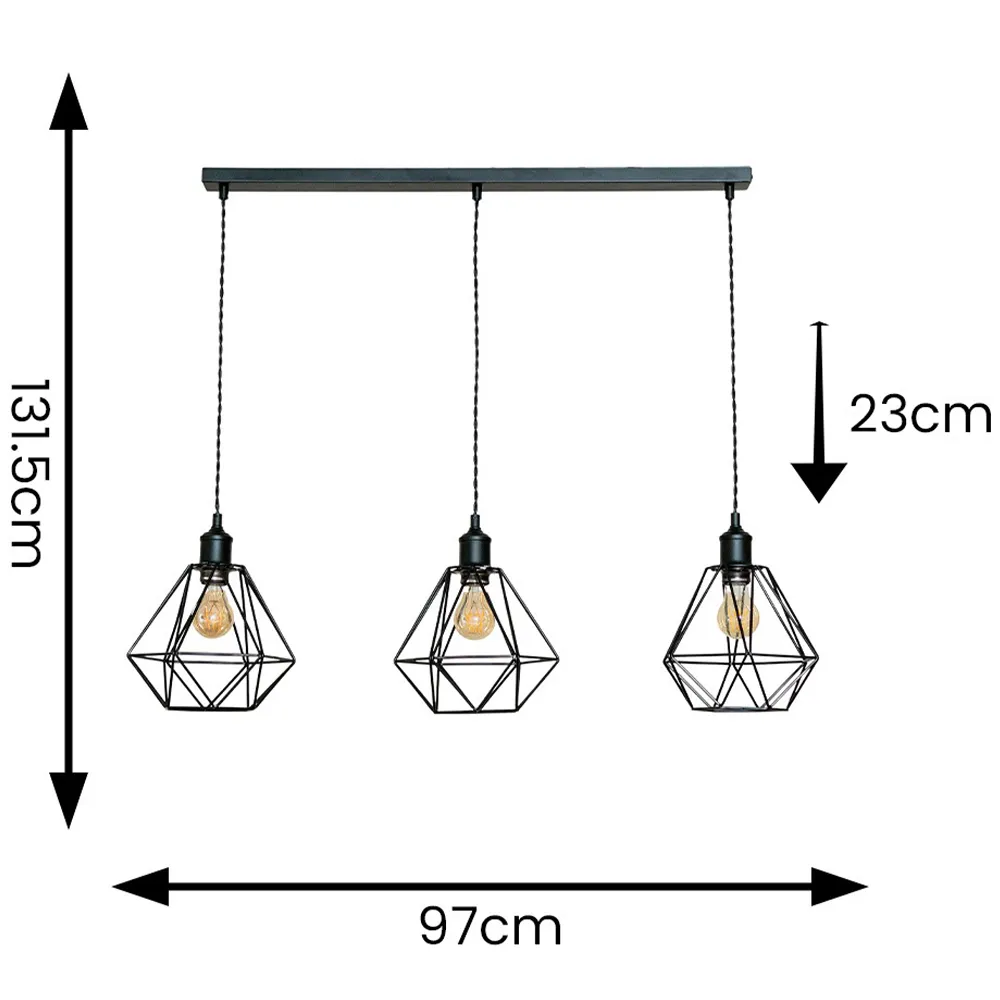 Diablo Geometric 3 Drop Diner Bar Ceiling LED Pendant Light - Black