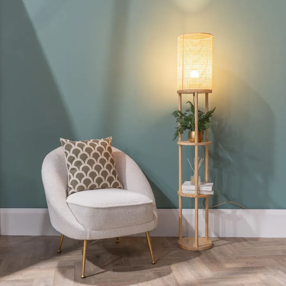 Elsa 3 Tier Floor Lamp with Shelves - Cream, Natural Wood