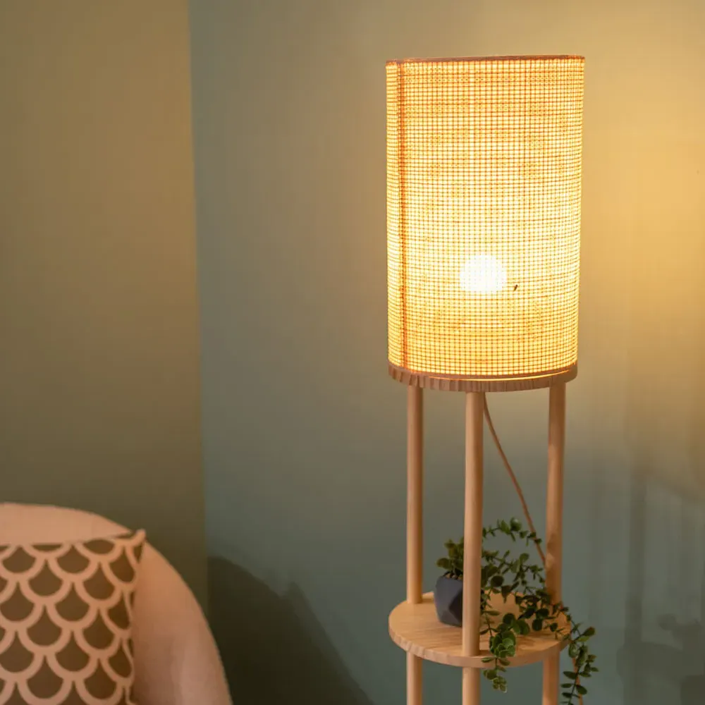 Elsa 3 Tier Floor Lamp with Shelves - Cream, Natural Wood