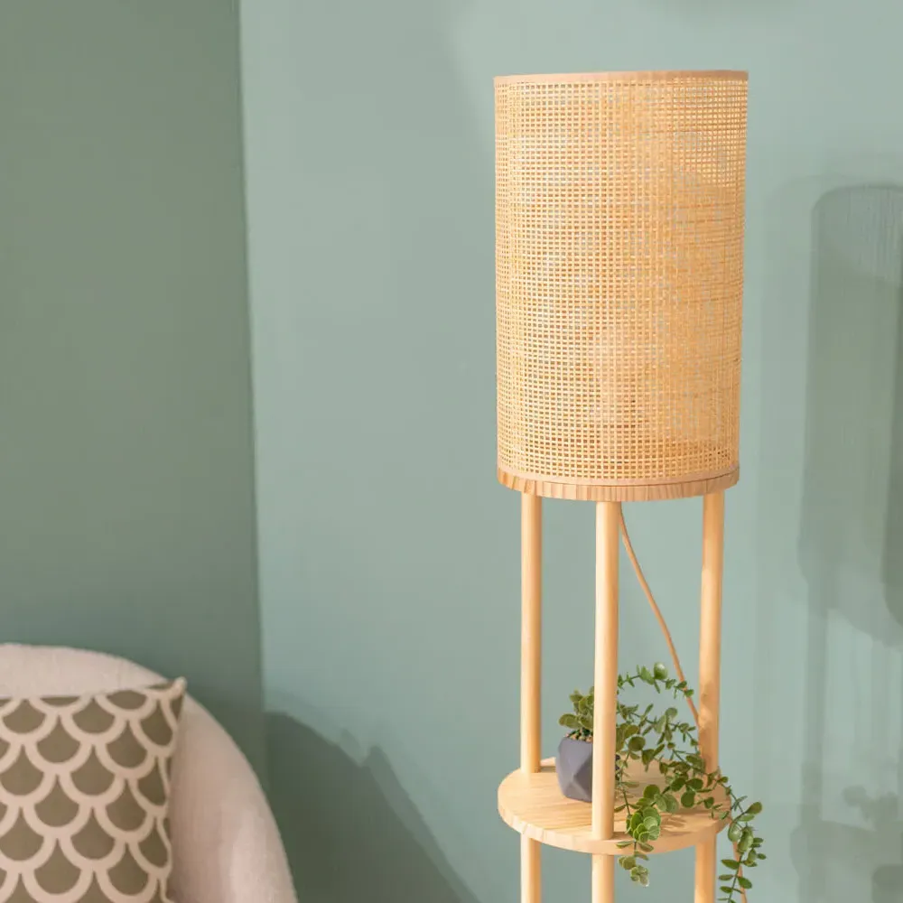 Elsa 3 Tier Floor Lamp with Shelves - Cream, Natural Wood