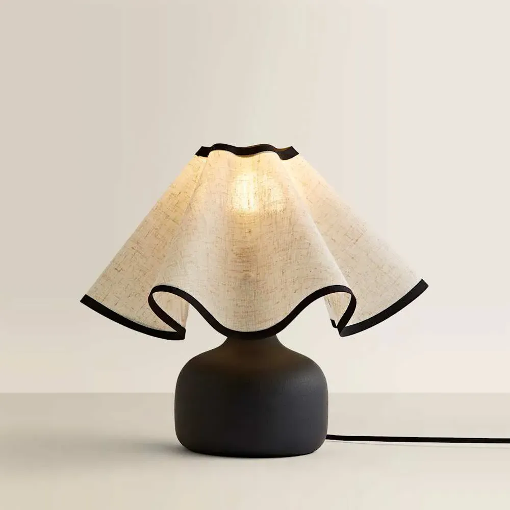 Emilia Round Table Lamp with Wave Shade - Black, Ceramic