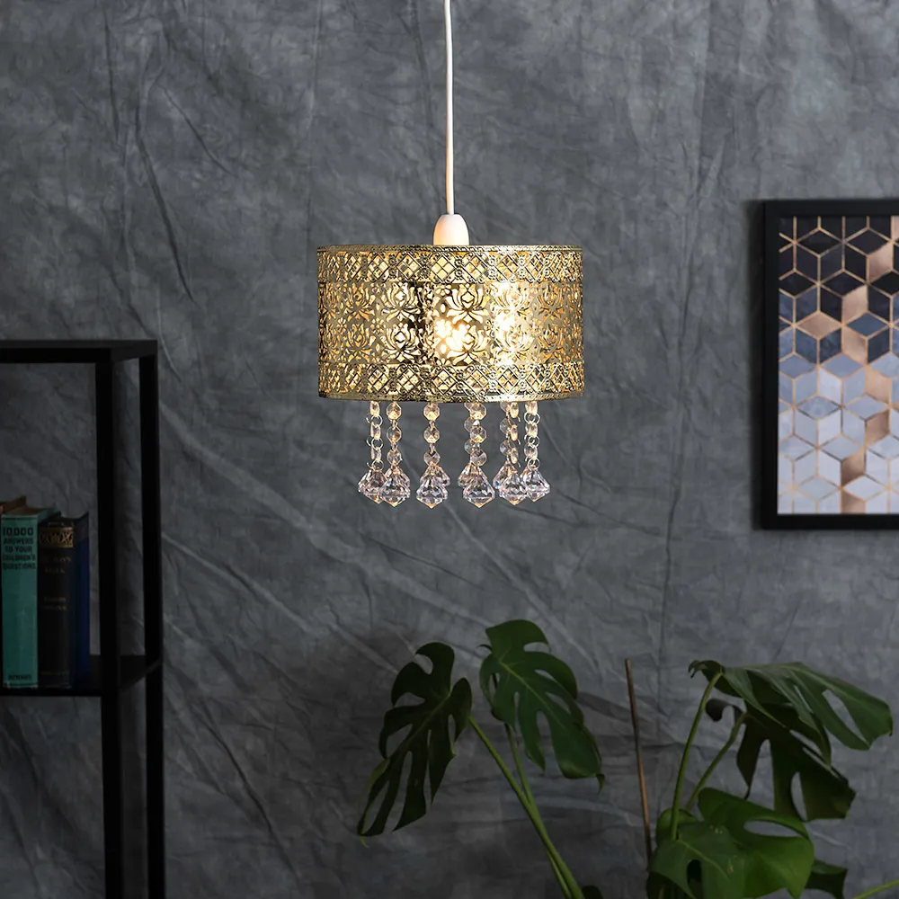 Enna Cylinder Pendant Light Shade with Jewel Droplets - Gold