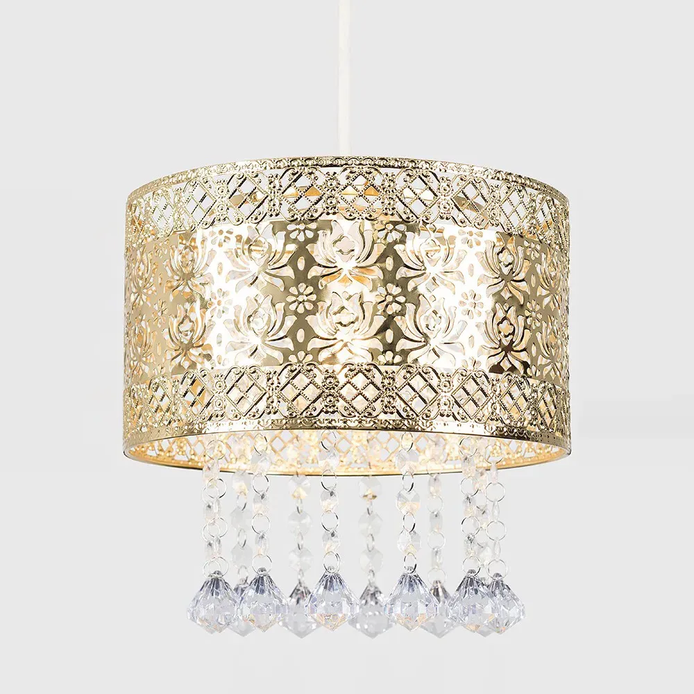 Enna Cylinder Pendant Light Shade with Jewel Droplets - Gold