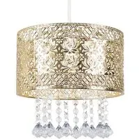 Enna Cylinder Pendant Light Shade with Jewel Droplets - Gold