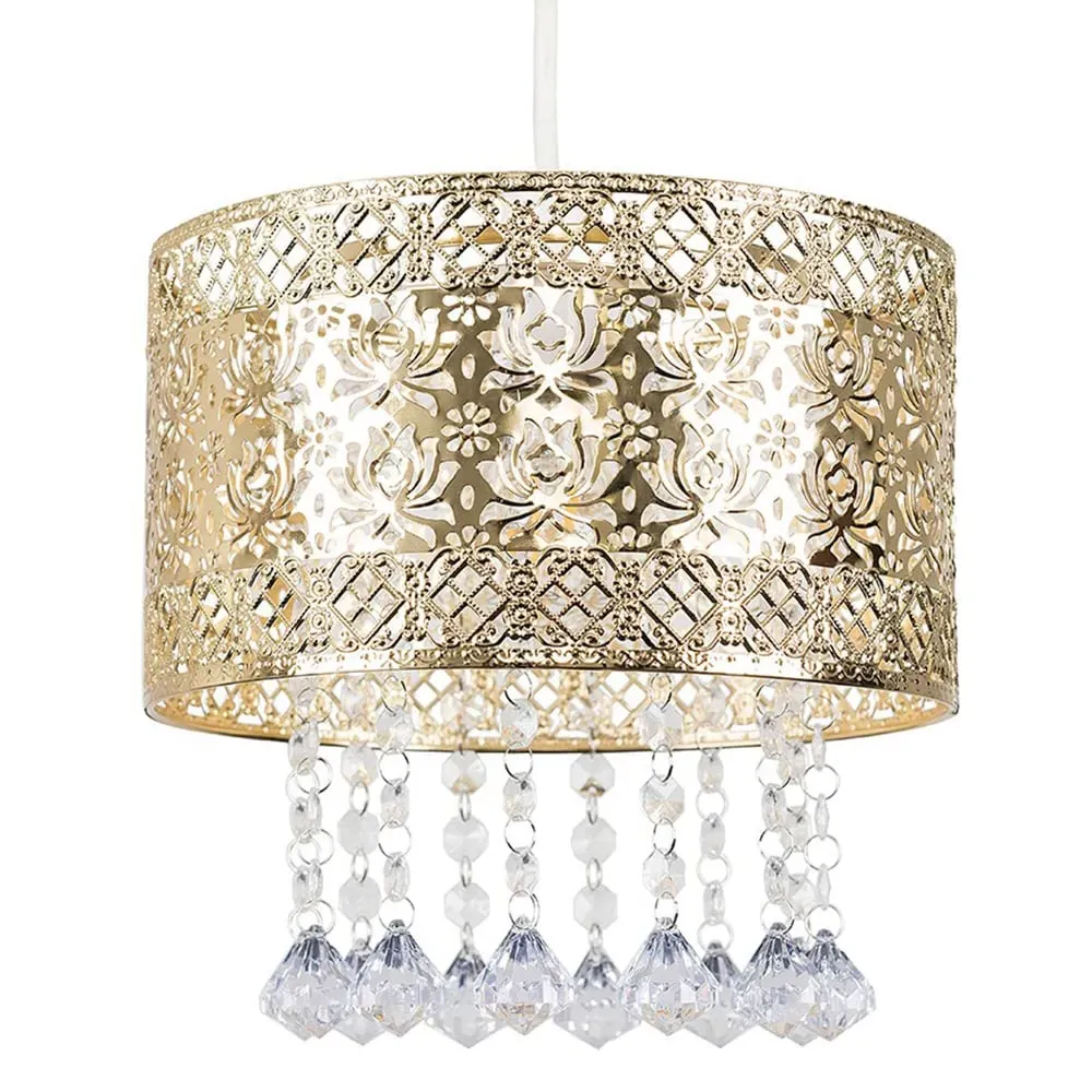 Enna Cylinder Pendant Light Shade with Jewel Droplets - Gold
