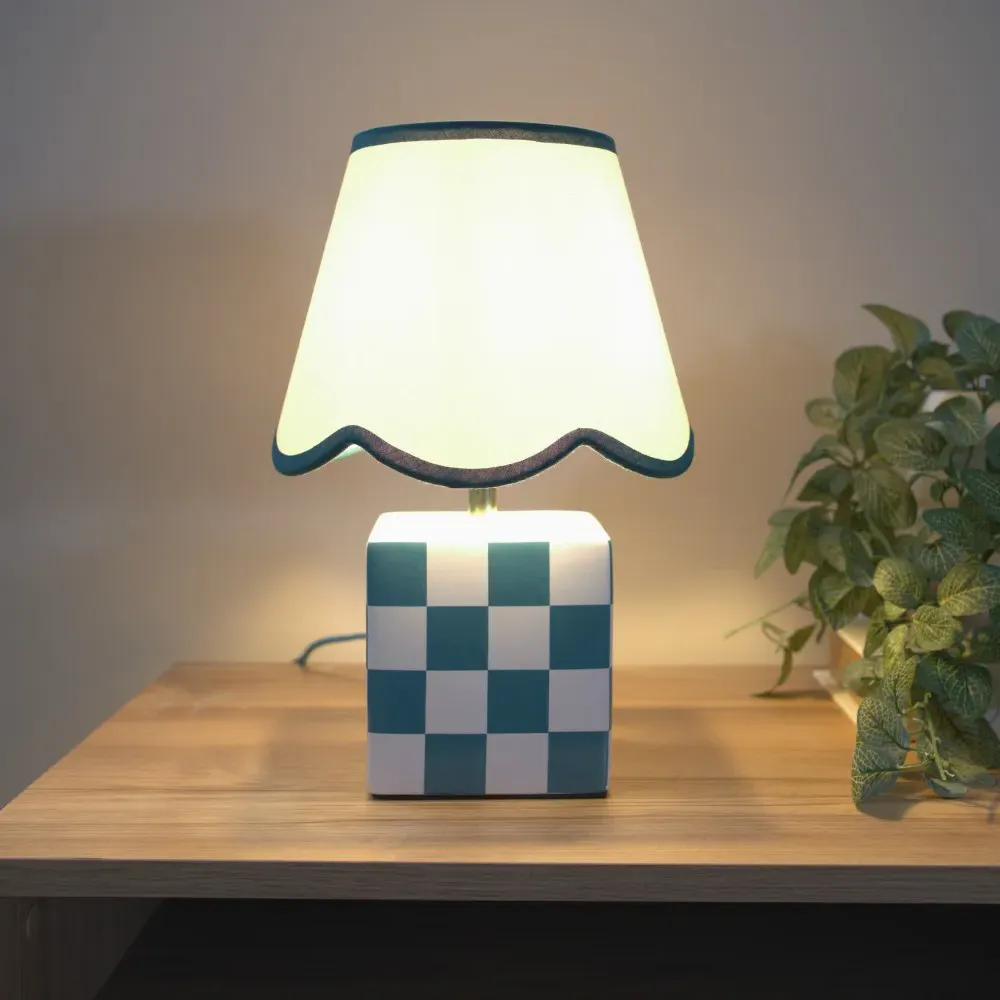 Evie Set of 2 Cube Checkered Ceramic LED Table Lamp - Green