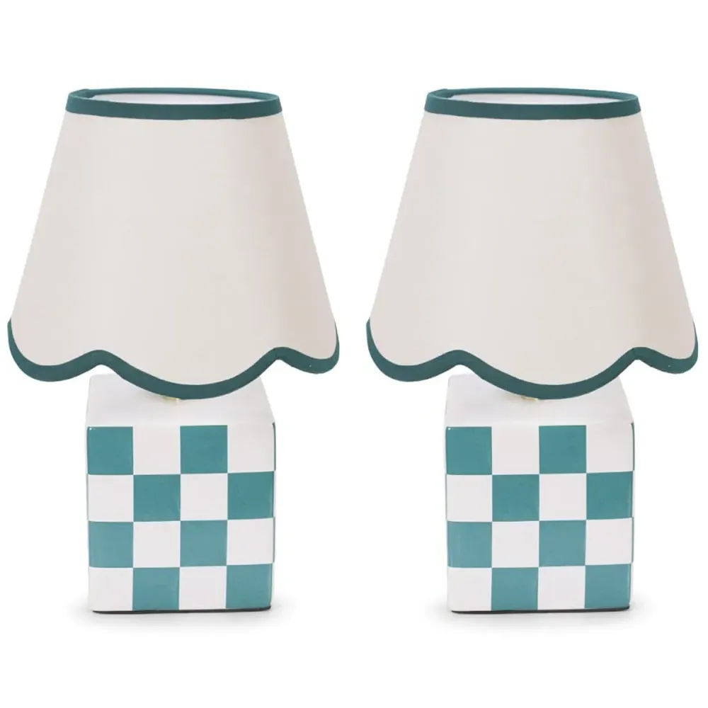 Evie Set of 2 Cube Checkered Ceramic LED Table Lamp - Green