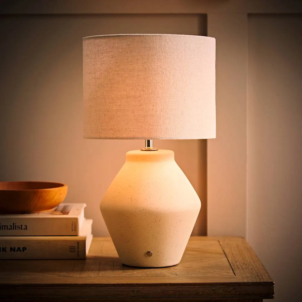 Finn Rechargeable Table Lamp with Linen Shade - Cream, Ceramic
