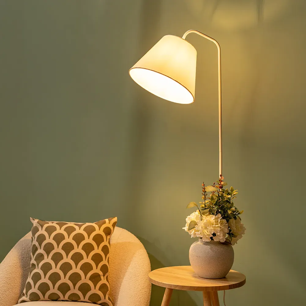 Freja Side Table Floor Lamp with Storage - White, Wood