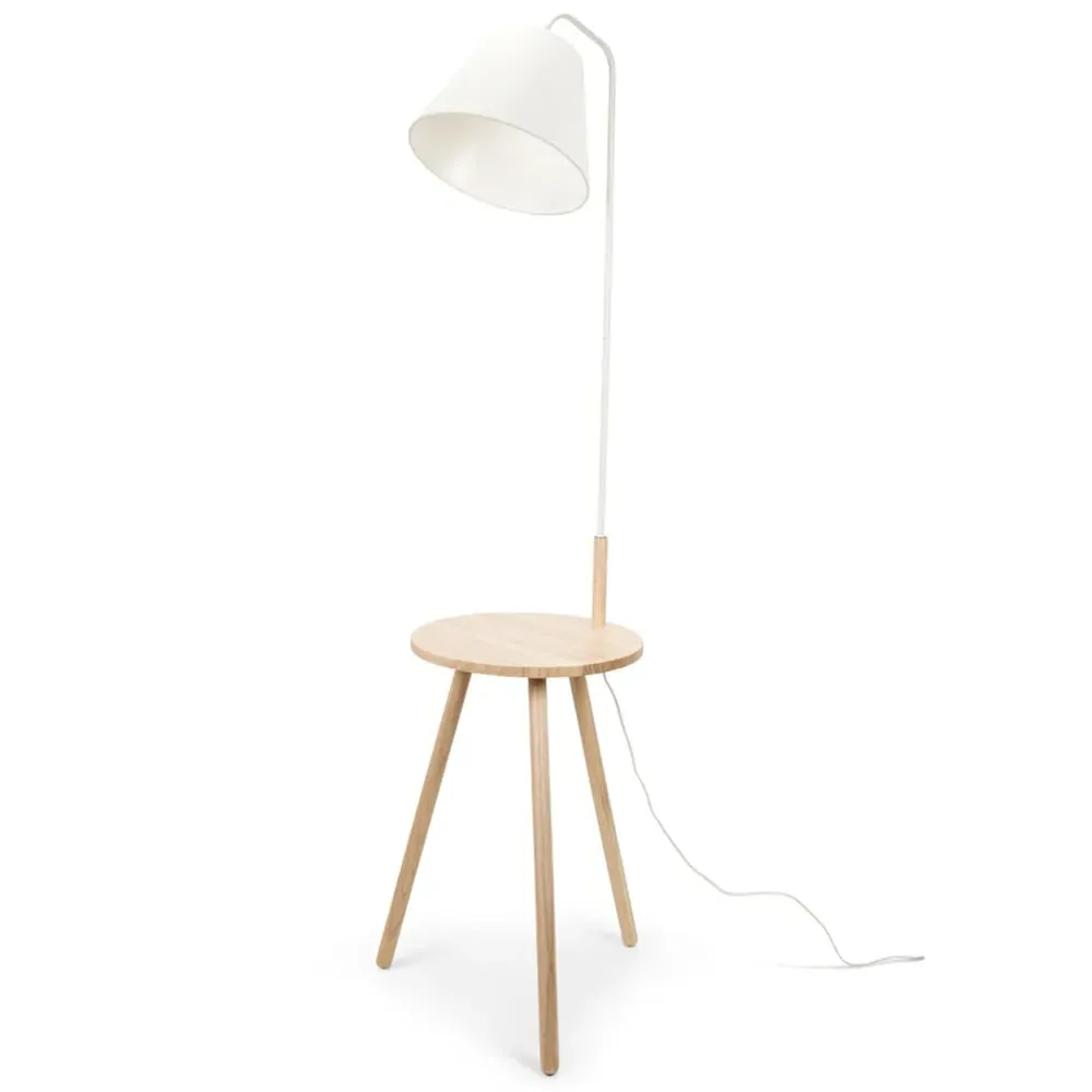 Freja Side Table Floor Lamp with Storage - White, Wood