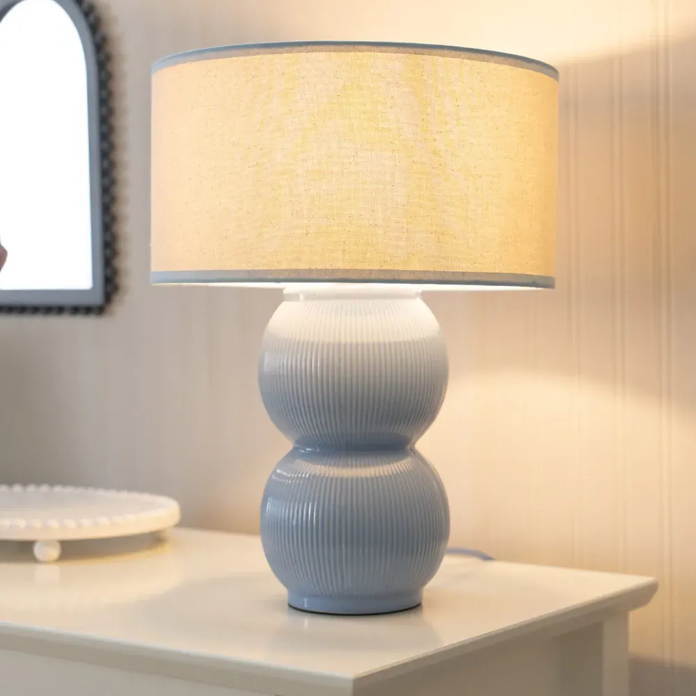Gemma Stacked Ribbed Table Lamp with Linen Shade - Blue