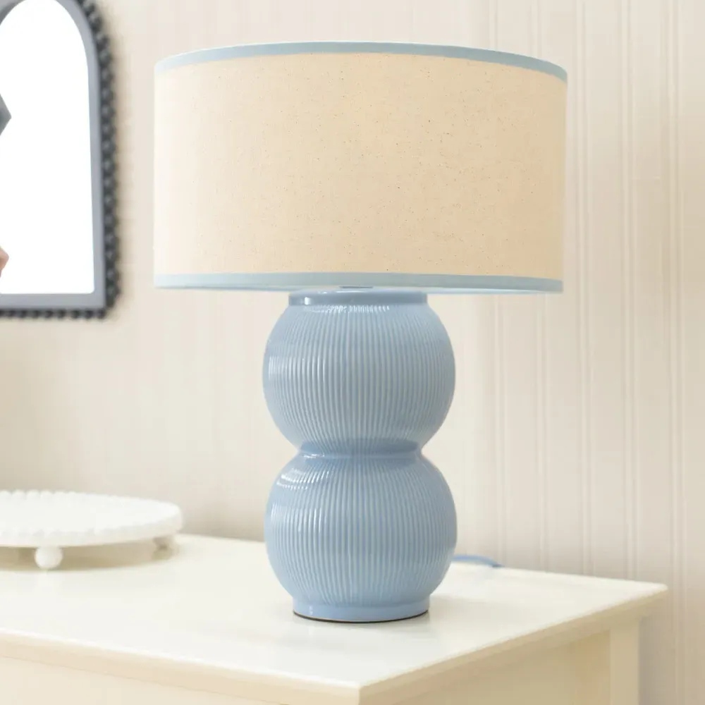 Gemma Stacked Ribbed Table Lamp with Linen Shade - Blue