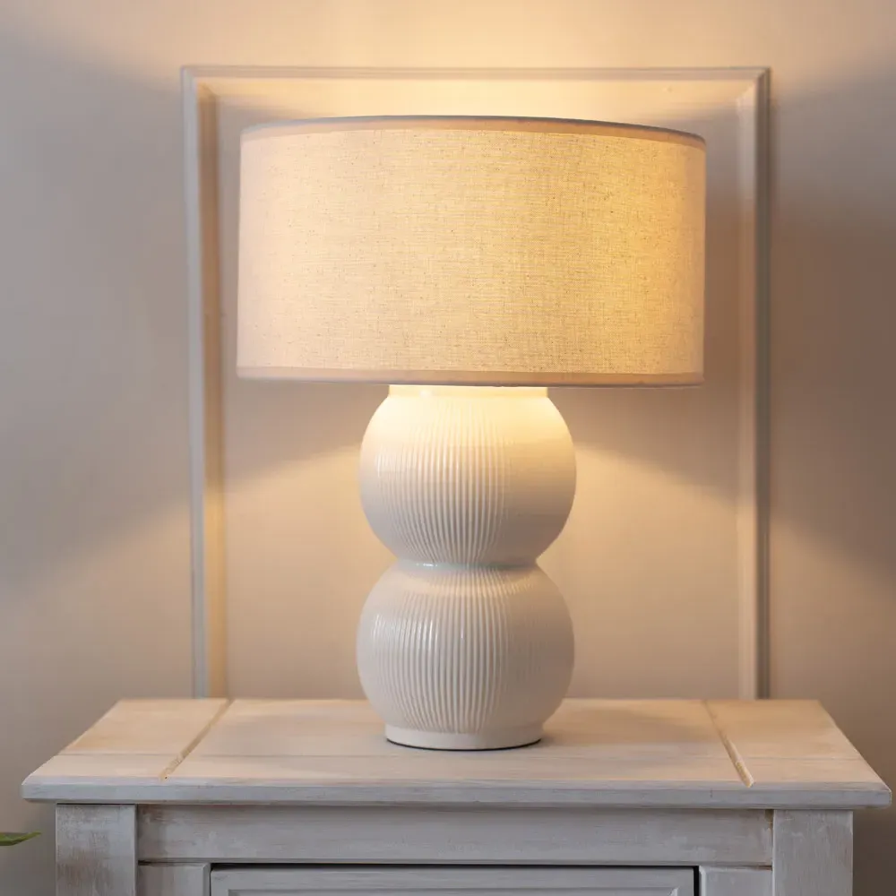 Gemma Stacked Ribbed Table Lamp with Linen Shade - Cream