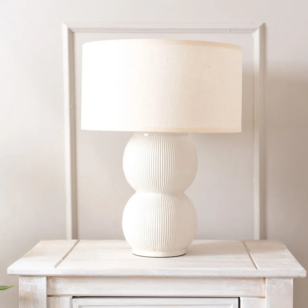 Gemma Stacked Ribbed Table Lamp with Linen Shade - Cream