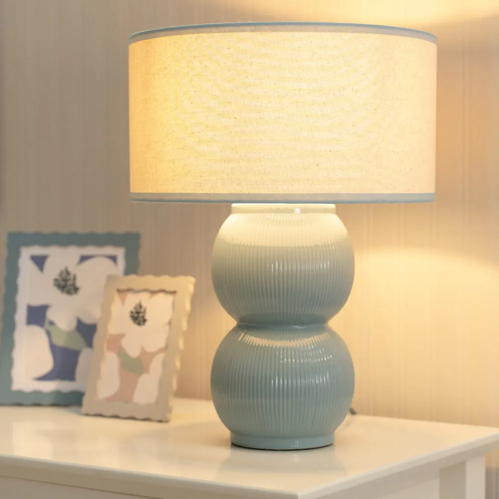 Gemma Stacked Ribbed Table Lamp with Linen Shade - Green