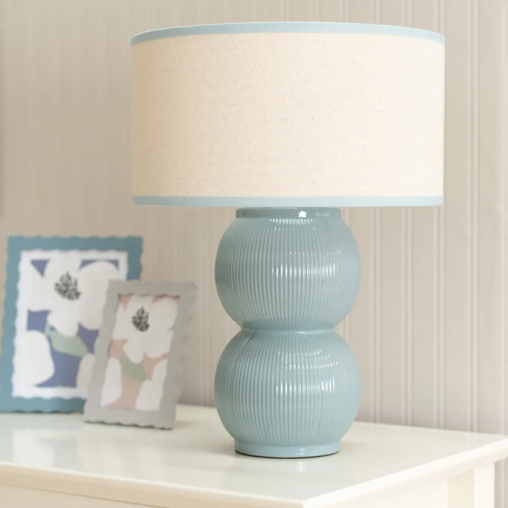 Gemma Stacked Ribbed Table Lamp with Linen Shade - Green