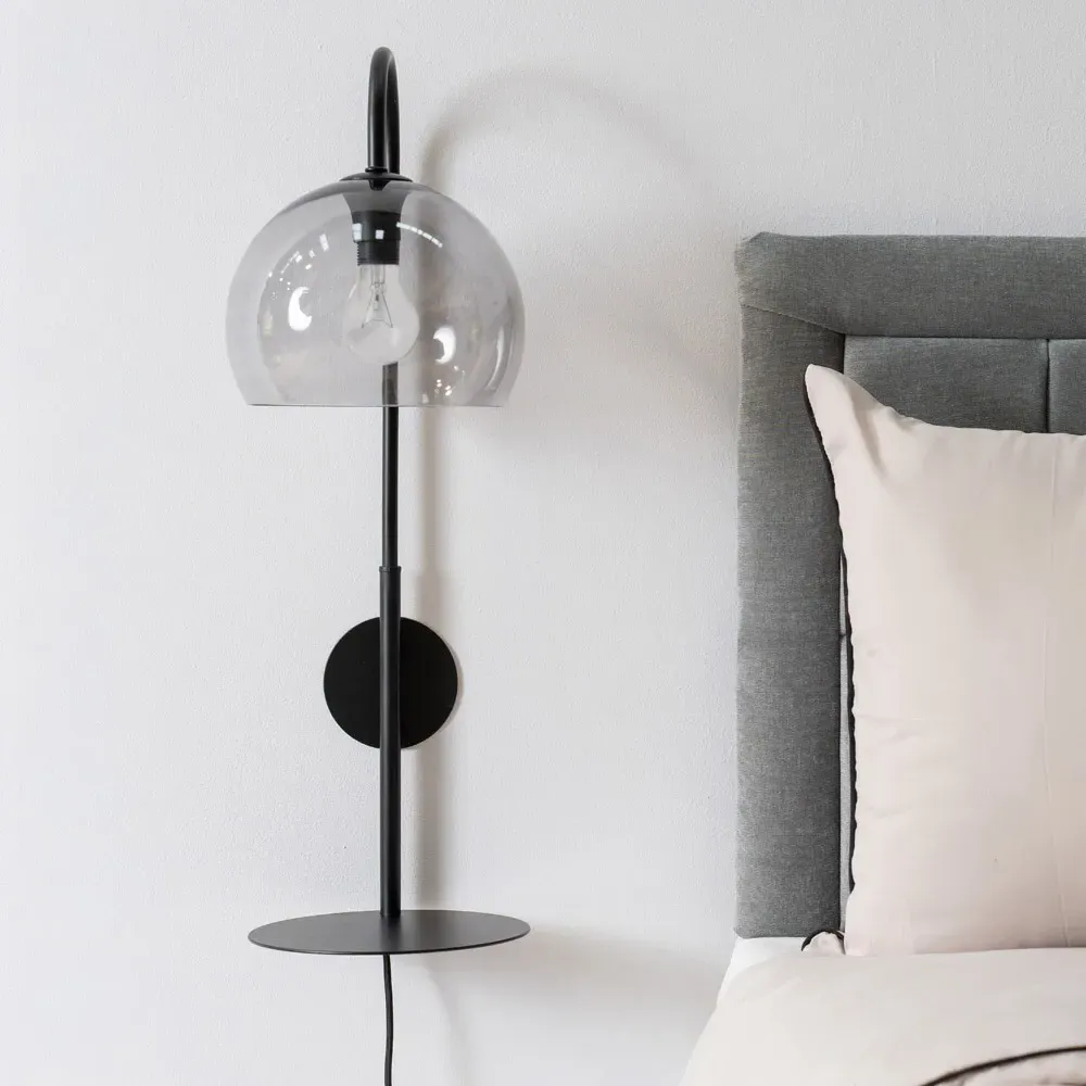 Glenn Globe Wall Light with Shelf - Black, Smoked Glass