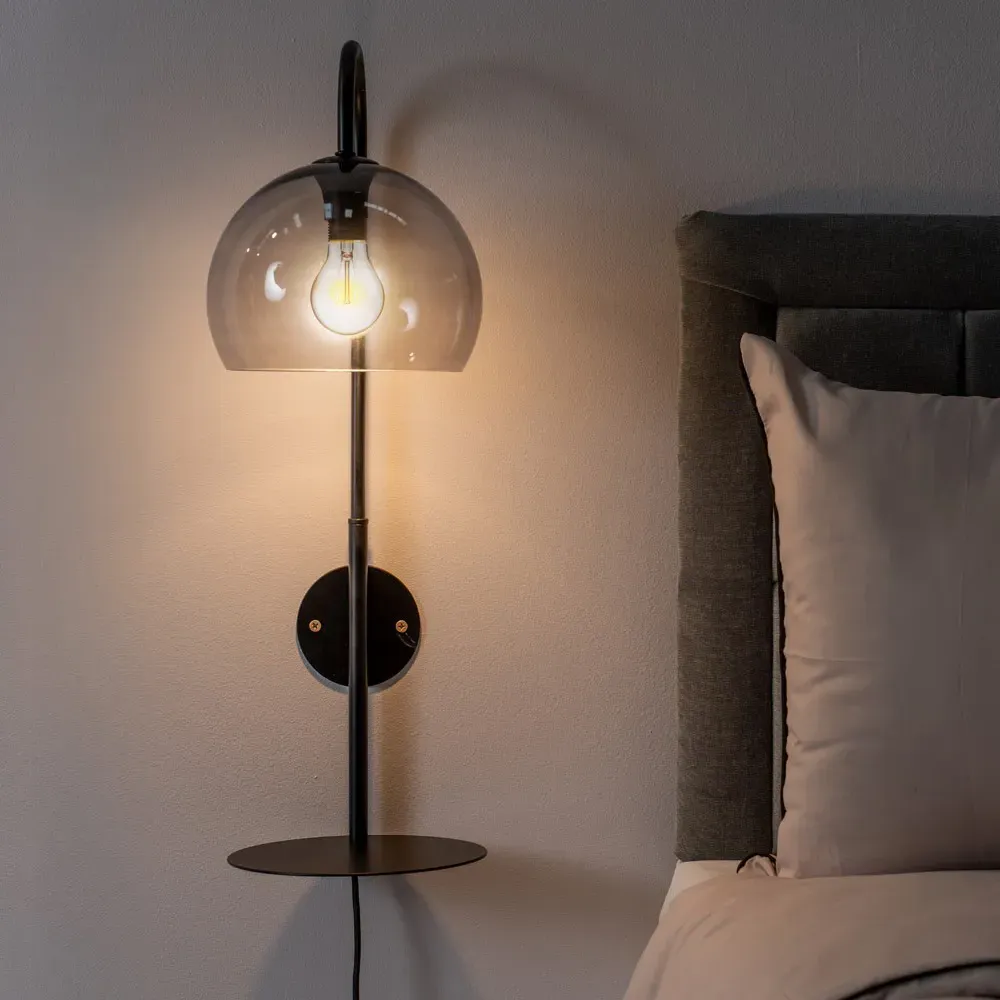 Glenn Globe Wall Light with Shelf - Black, Smoked Glass