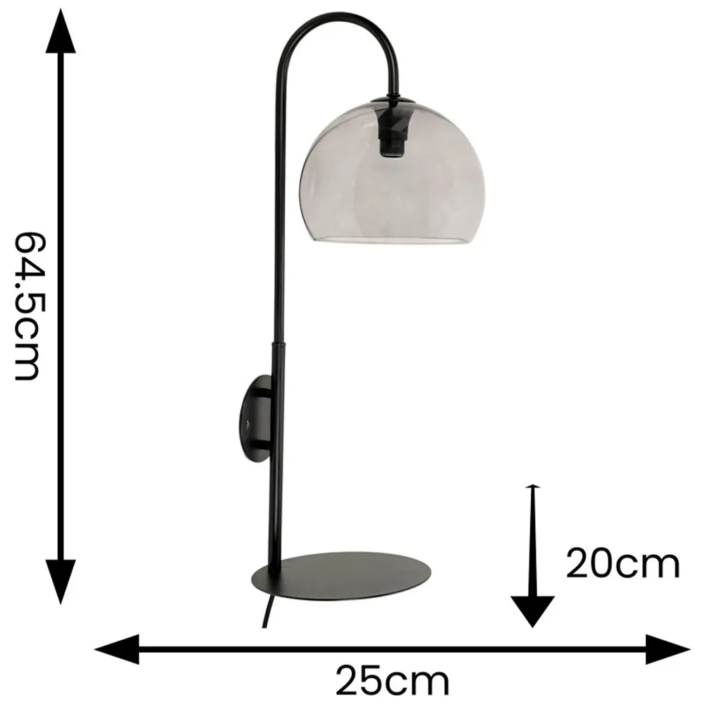 Glenn Globe Wall Light with Shelf - Black, Smoked Glass