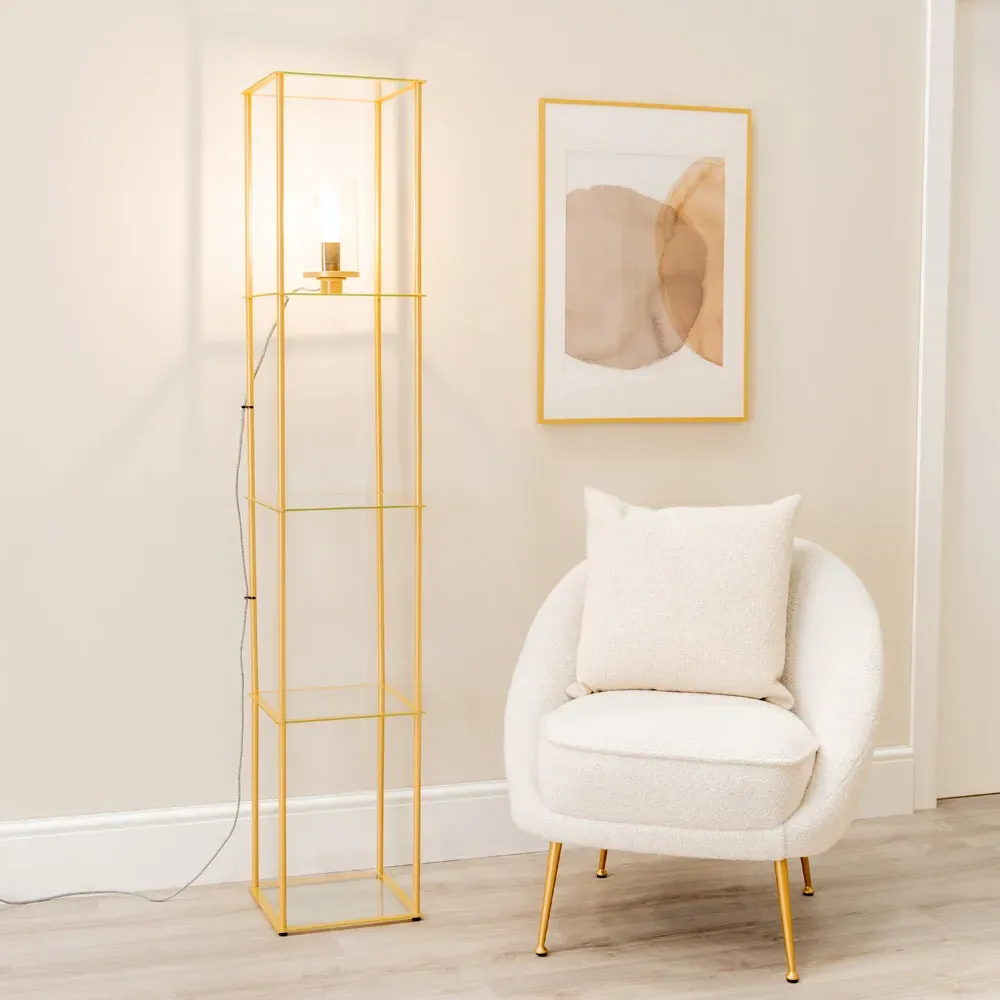 Gobie 4 Shelf LED Floor Lamp with Storage - Gold, Glass