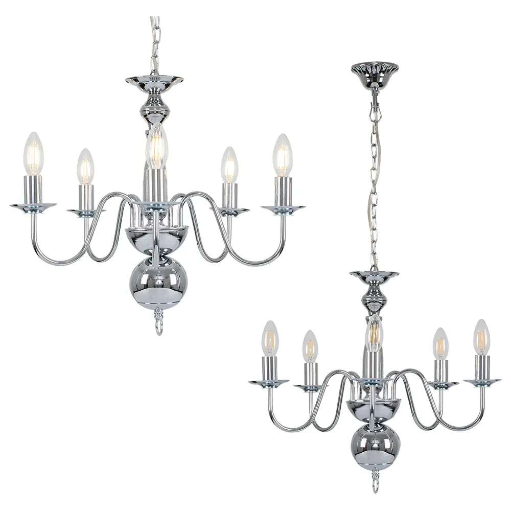 Gothica Flemish 5 Way Ceiling Chandelier Light - Chrome
