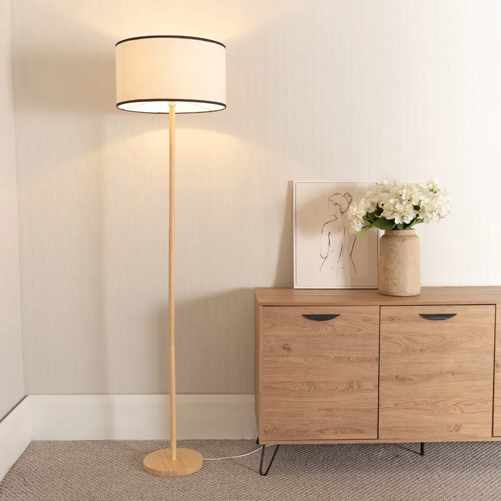 Heather Drum Shade Floor Lamp with Black Trim - Cream, Wood