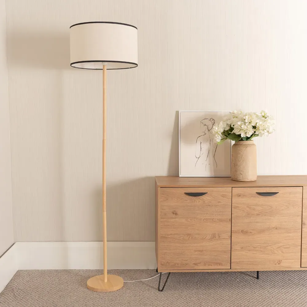 Heather Drum Shade Floor Lamp with Black Trim - Cream, Wood