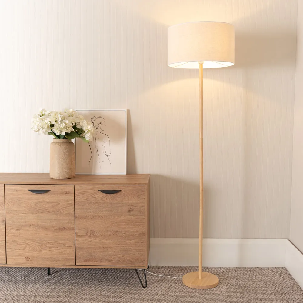 Heather Drum Shade Floor Lamp with White Trim - Cream, Wood