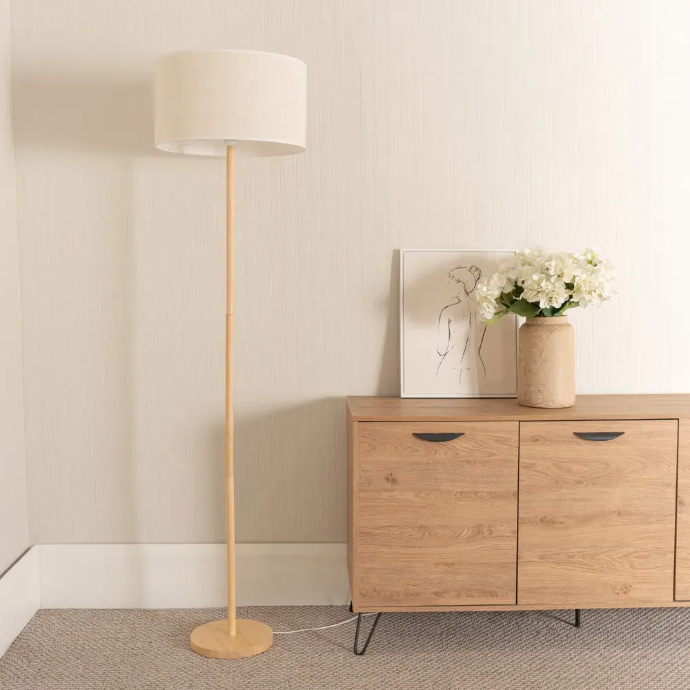 Heather Drum Shade Floor Lamp with White Trim - Cream, Wood
