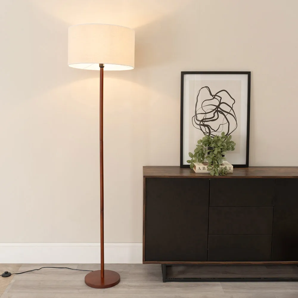 Heather Drum Shade LED Floor Lamp - Cream, Dark Wood