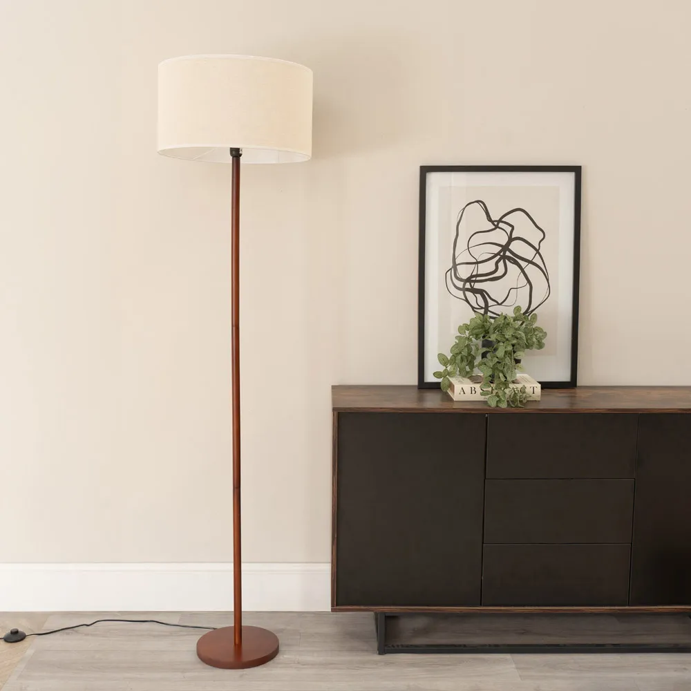 Heather Drum Shade LED Floor Lamp - Cream, Dark Wood