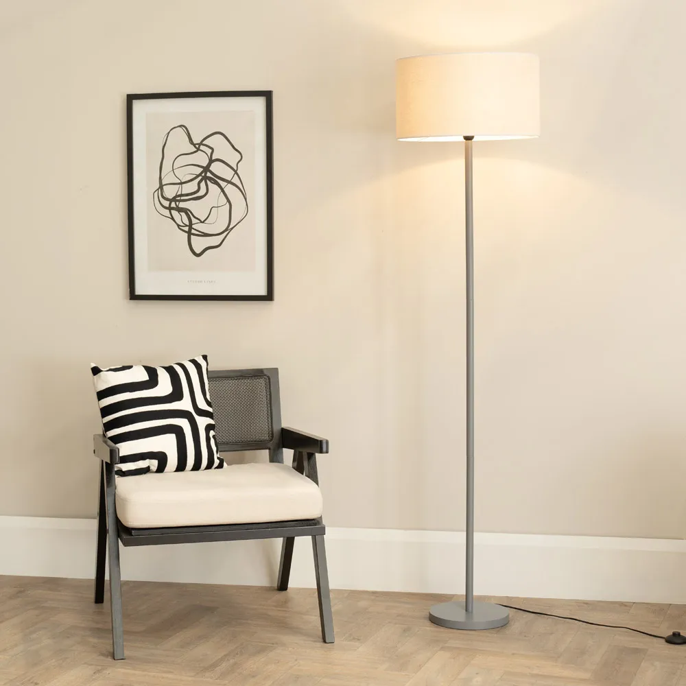 Heather Drum Shade LED Floor Lamp - Grey, Light Grey Wood