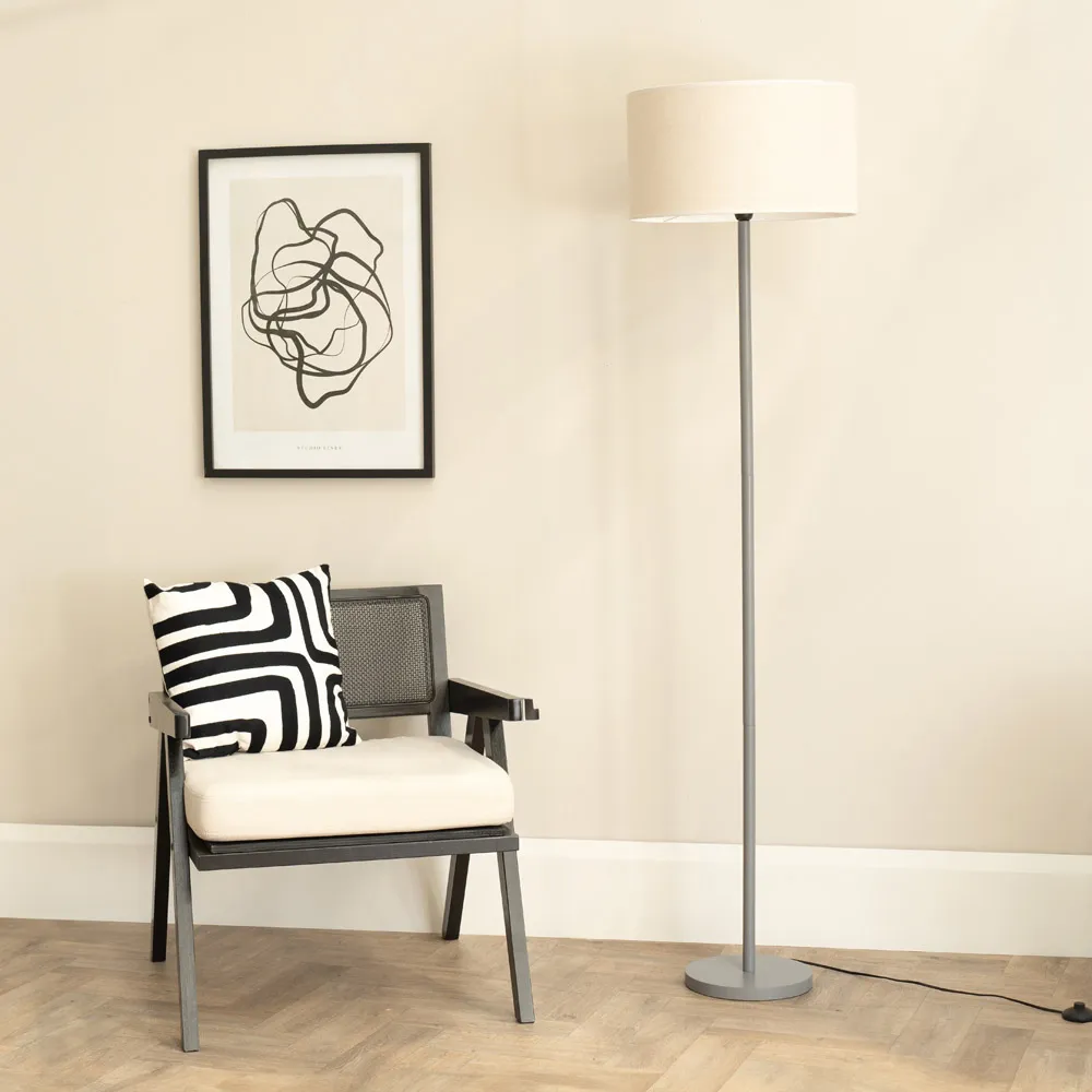 Heather Drum Shade LED Floor Lamp - Grey, Light Grey Wood