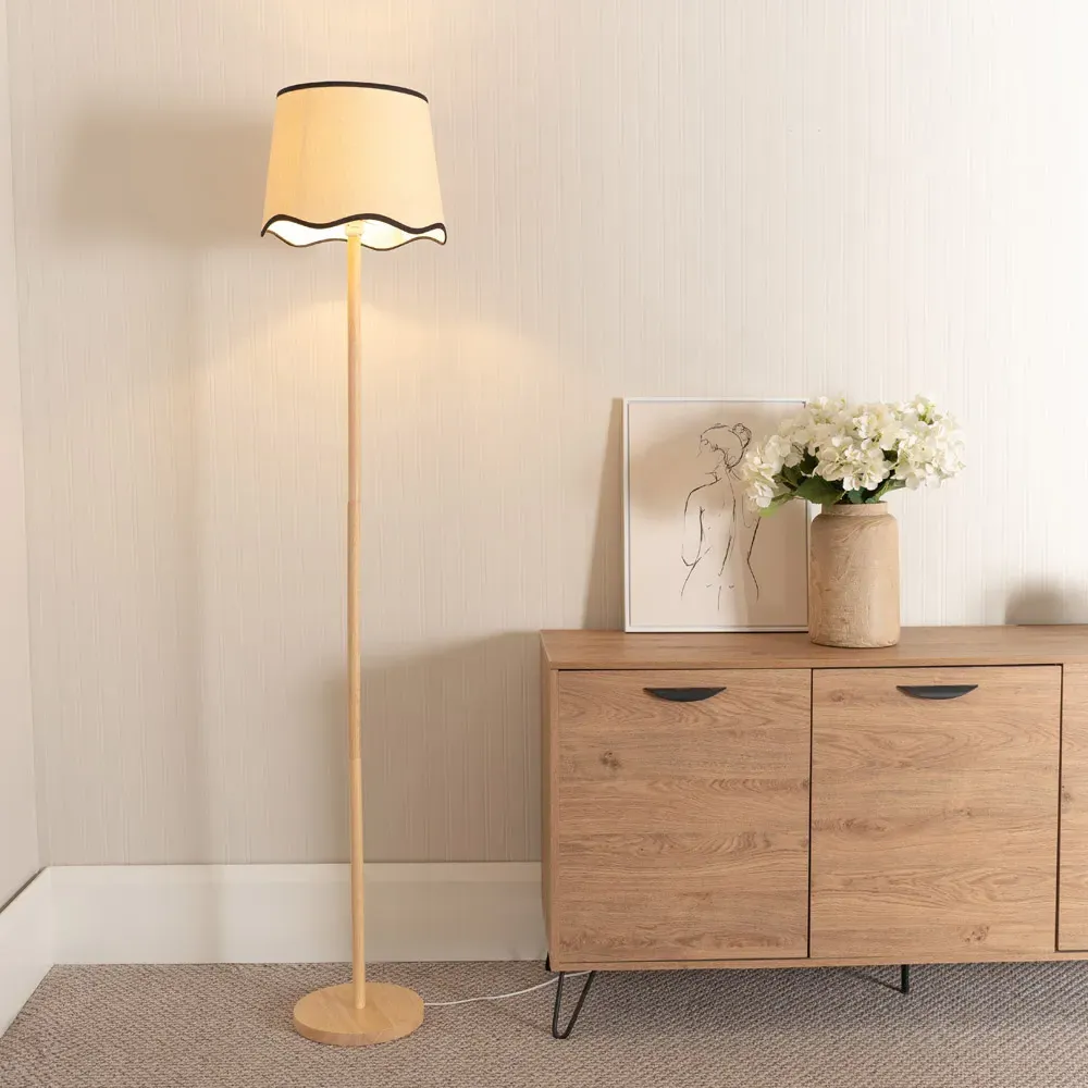 Heather Scallop Black Trim Shade LED Floor Lamp - Cream, Wood