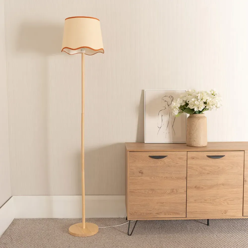 Heather Scallop Floor Lamp with Rust Trim - Cream, Light Wood
