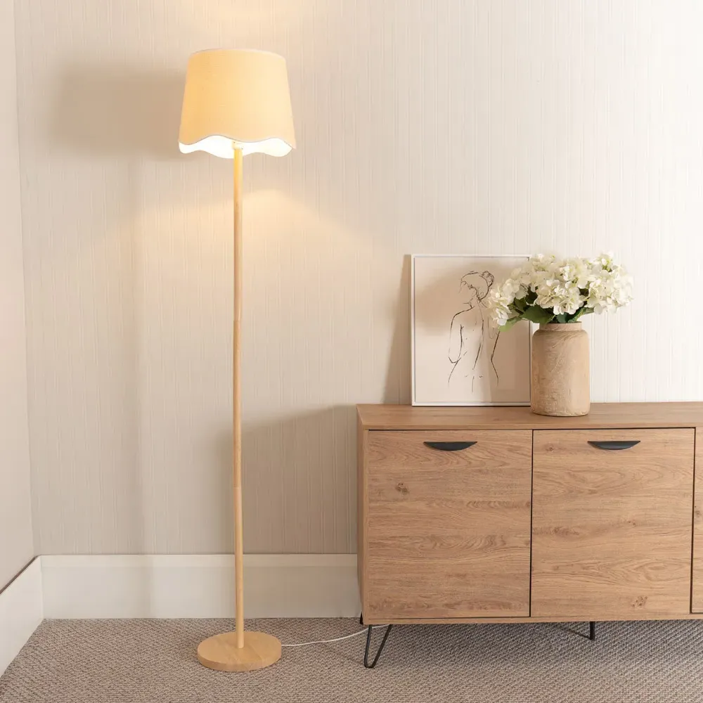 Heather Scallop Floor Lamp with White Trim - Cream, Light Wood