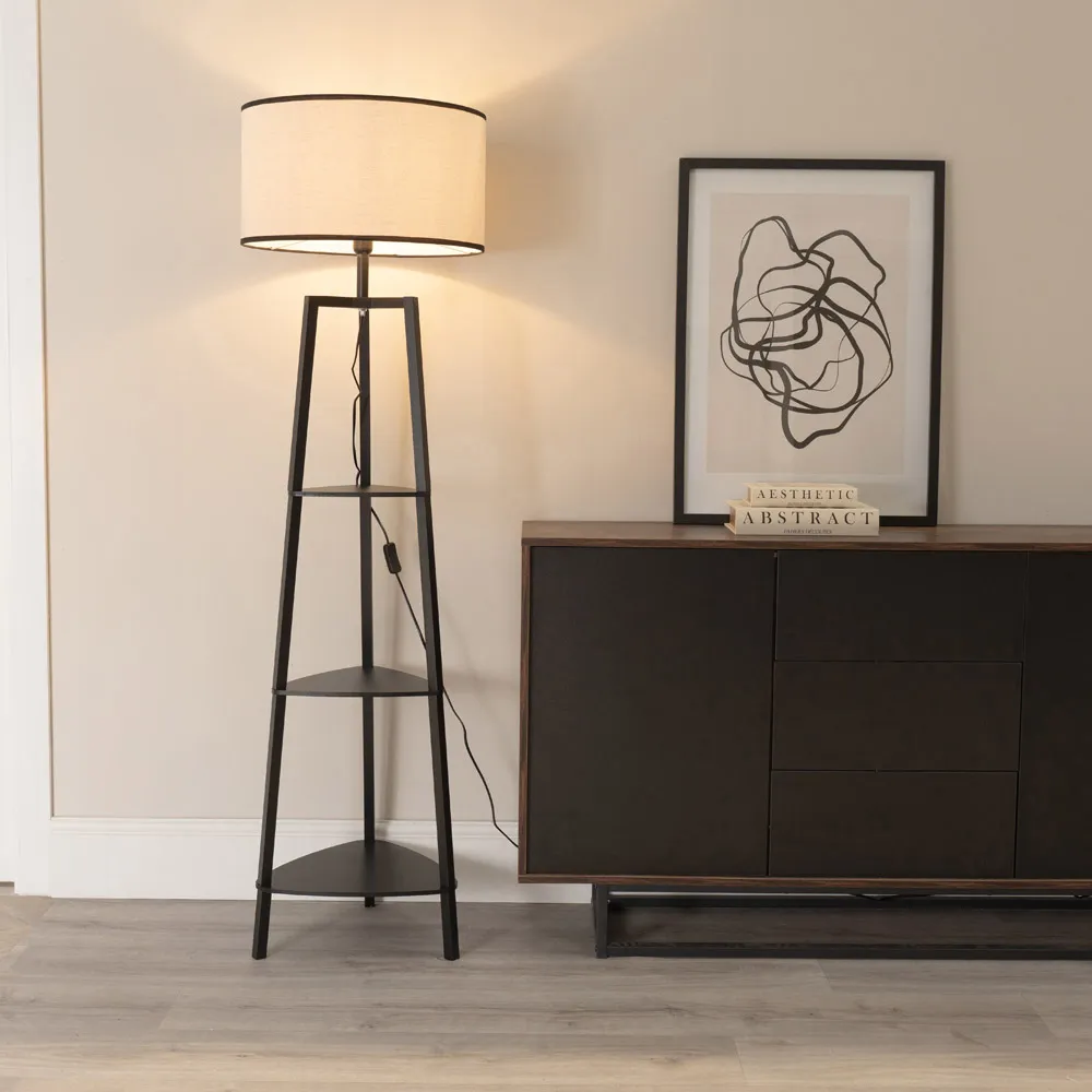 Hiru 3 Shelf Floor Lamp with Black Trim Shade - Black