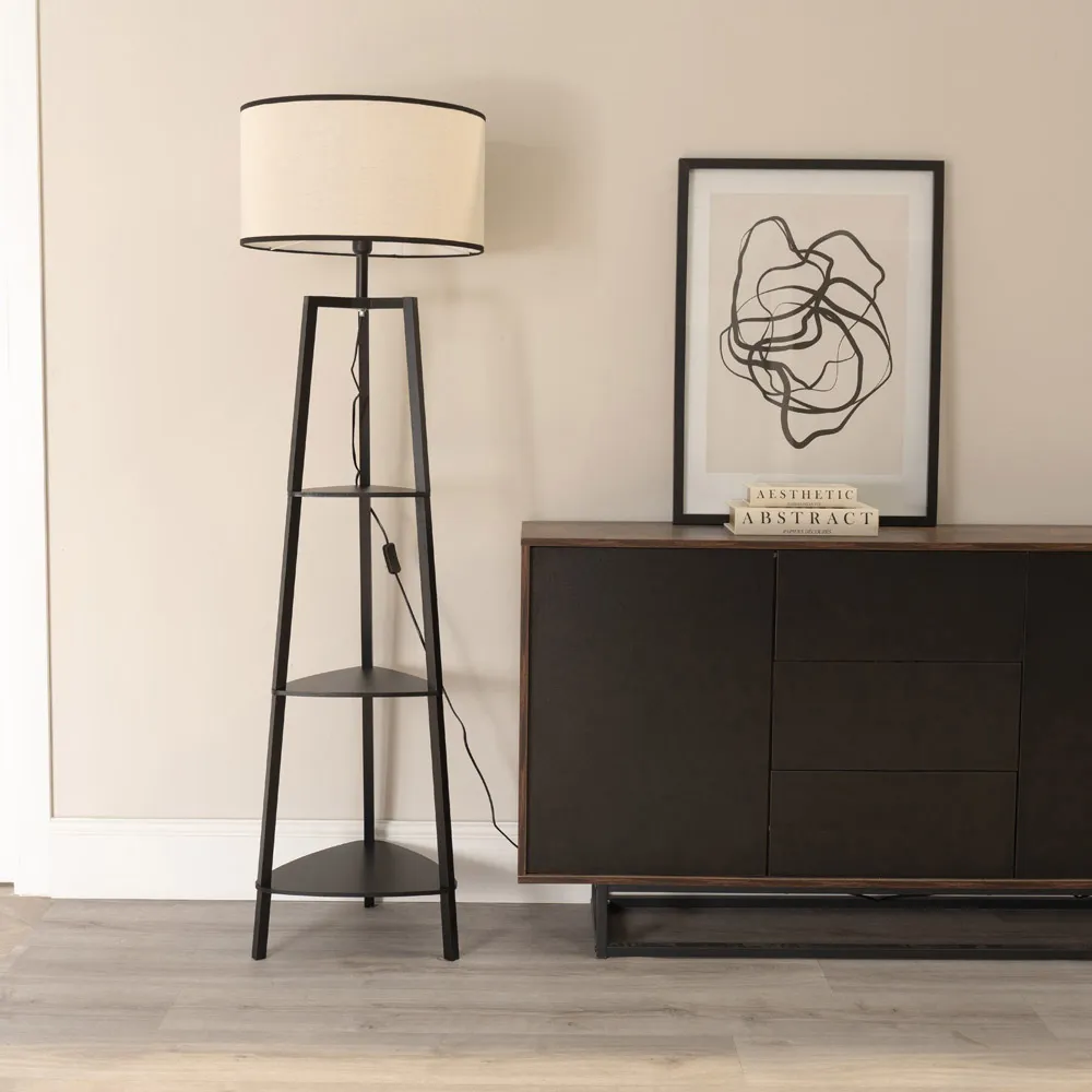 Hiru 3 Shelf Floor Lamp with Black Trim Shade - Black