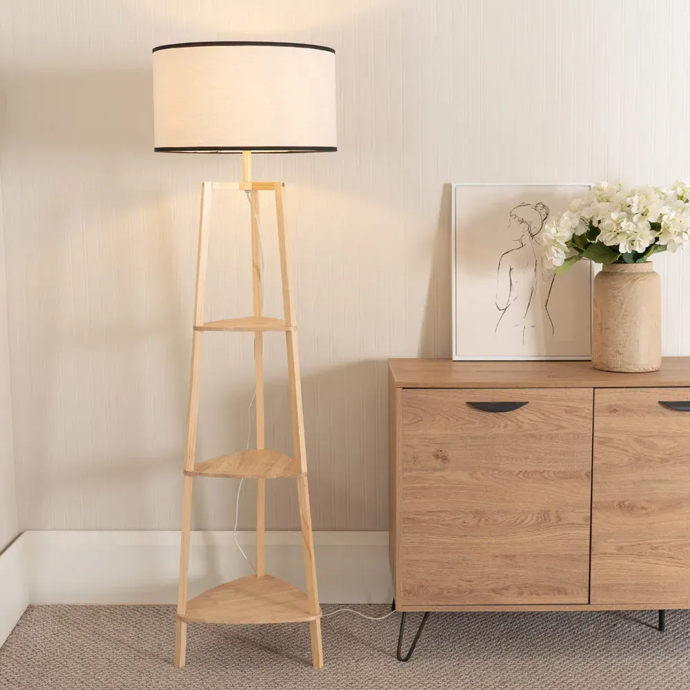 Hiru 3 Shelf Floor Lamp with Black Trim Shade - Cream