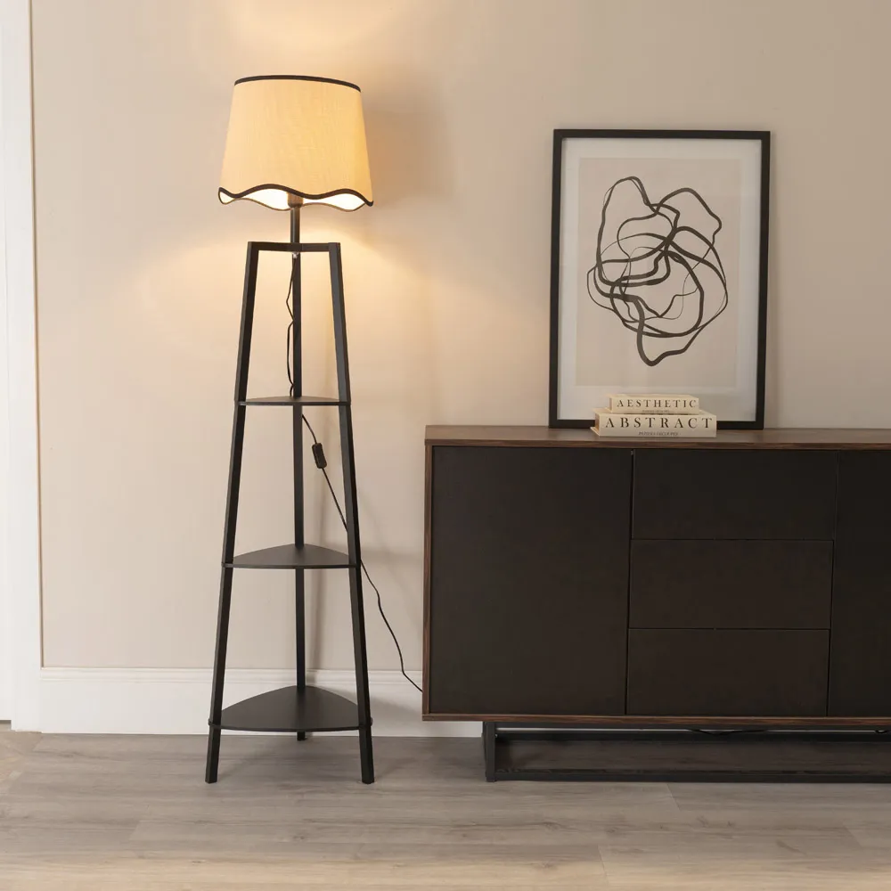 Hiru 3 Shelf Floor Lamp with Scallop Shade - Black