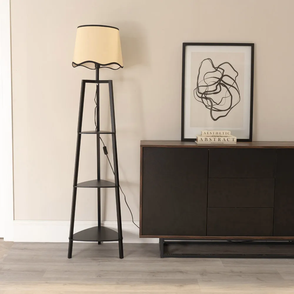 Hiru 3 Shelf Floor Lamp with Scallop Shade - Black