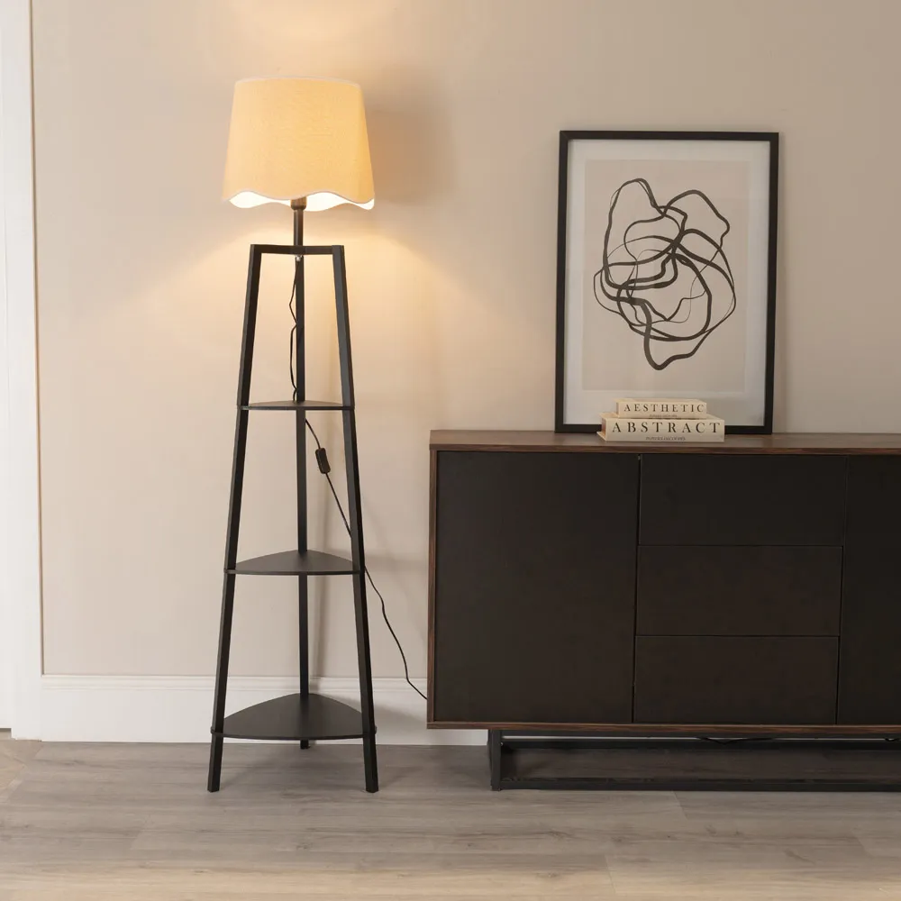 Hiru 3 Shelf Floor Lamp with Scallop Shade - Black