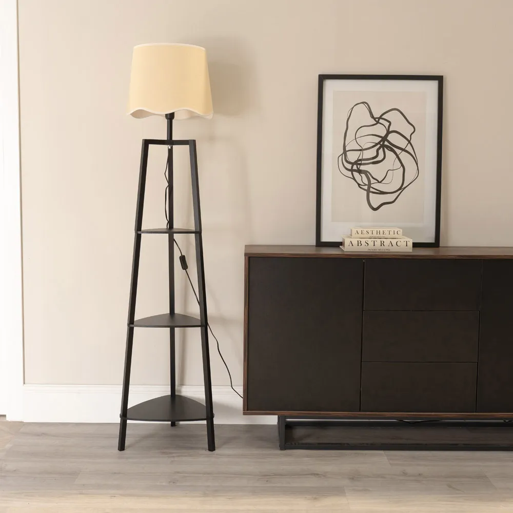 Hiru 3 Shelf Floor Lamp with Scallop Shade - Black