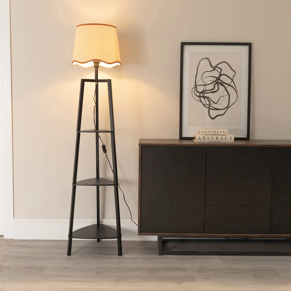 Hiru 3 Shelf Floor Lamp with Scallop Shade - Black