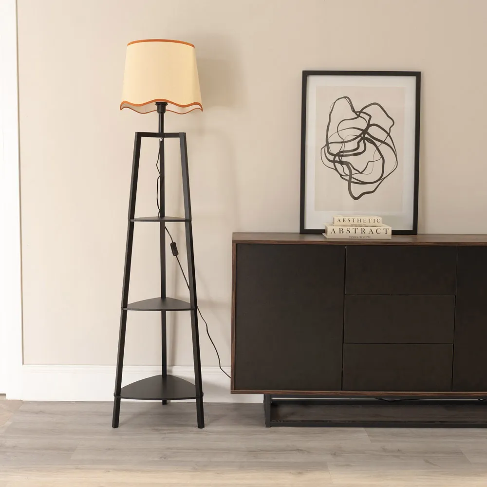 Hiru 3 Shelf Floor Lamp with Scallop Shade - Black