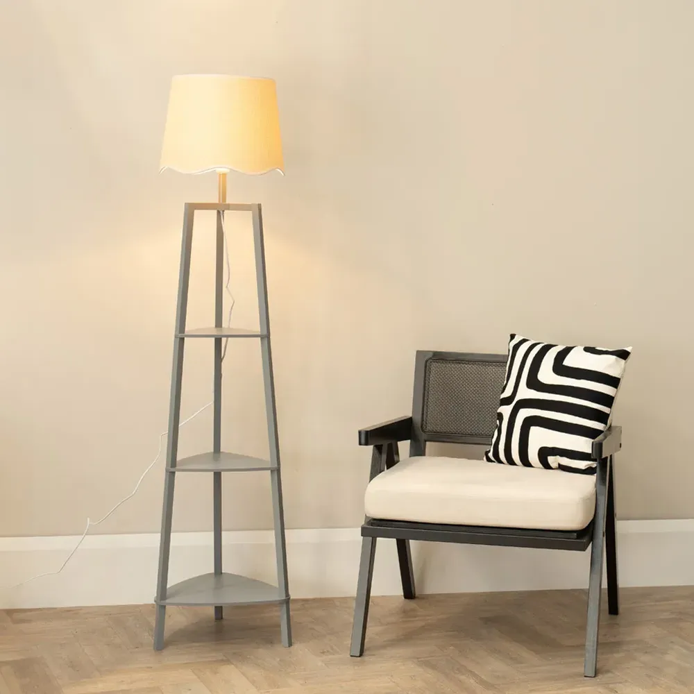 Hiru 3 Shelf Floor Lamp with Scallop Shade - Grey