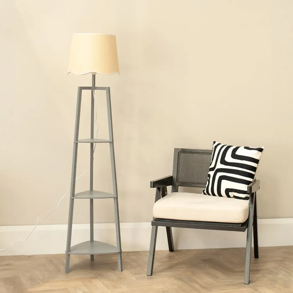 Hiru 3 Shelf Floor Lamp with Scallop Shade - Grey