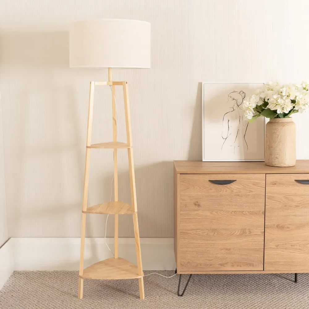 Hiru 3 Shelf Floor Lamp with White Trim Shade - Cream